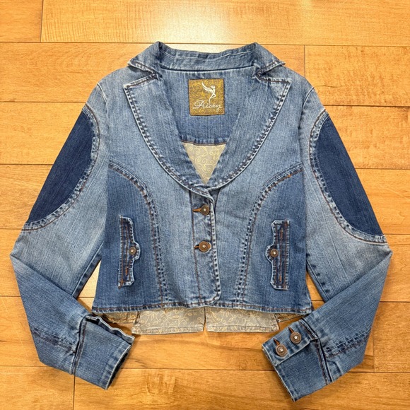 Pricxy Jackets & Blazers - Pricxy Vintage Y2K Fairy Rhinestone Denim Jacket XL Blue Panelled Cropped Blazer